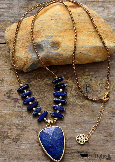 Boho Necklace, Heart Lapis Pendant Necklace